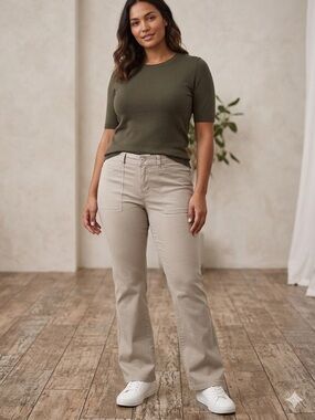 Gloria Vanderbilt Olive Knit Top with Beige Wide-Leg Jeans
